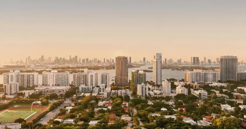 1250 West Avenue Miami Beach – aerial view of the tower on Biscayne Bay with the downtown Miami skyline