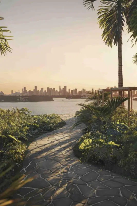1250 West Avenue Miami Beach – garden path to the bay with pergola and Miami skyline