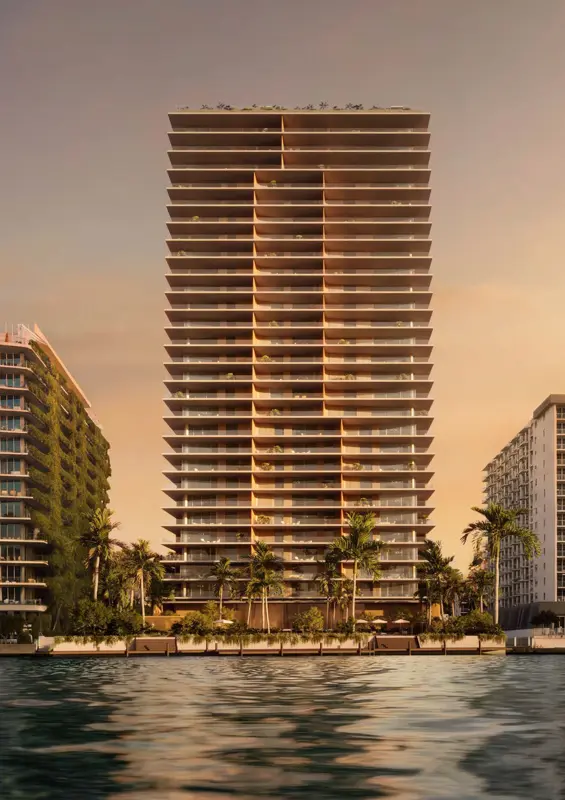 1250 West Avenue Miami Beach – full tower viewed from Biscayne Bay at sunset