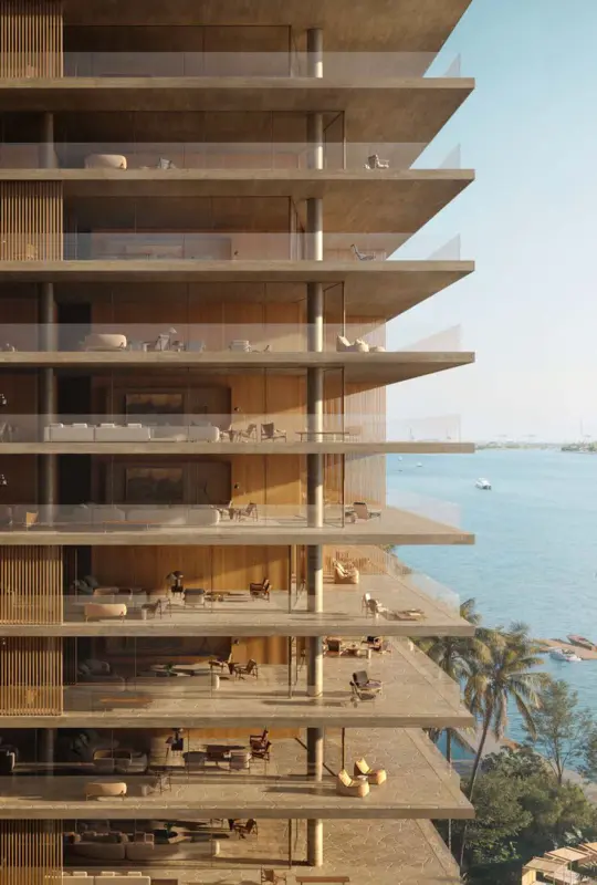 1250 West Avenue Miami Beach – facade close-up with living rooms overlooking the bay